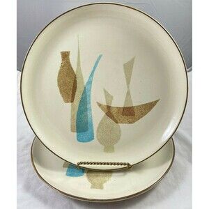 Red Wing Pompeii Dinner Plates 10.5" Set of 2 MCM Brown Blue Pottery Vintage